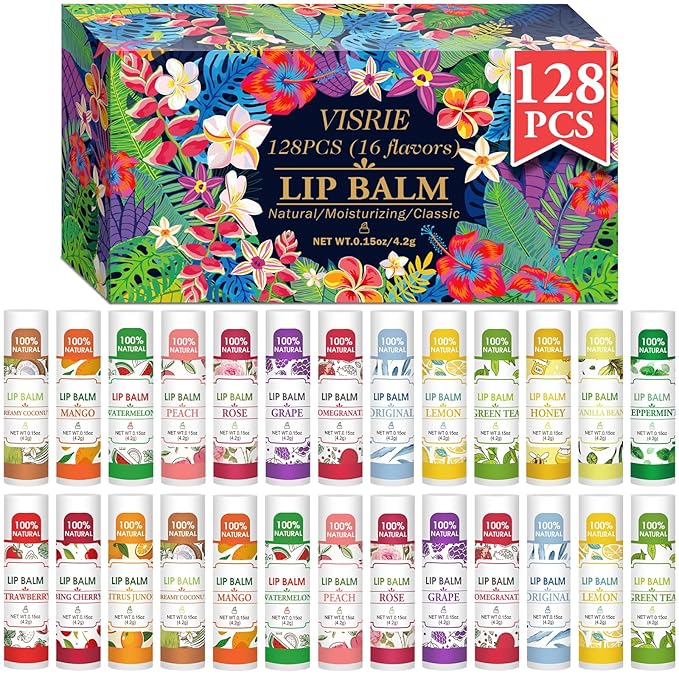 VISRIE 128 Pack Lip Balm, Natural Lip Balm Bulk with Vitamin E and Coconut Oil, Bulk Moisturizing Lip Balms for Dry Lips-16 Flavors