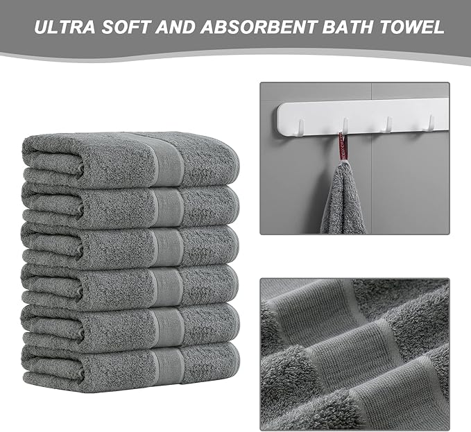 Aibaser Bath Towels, 27x54inch - Natural, Ultra Absorbent Towels for Bathroom, Travel, Gym, Shower and Spa (6 Piece Set) (Grey)