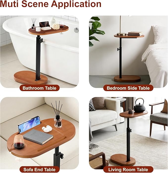 Bamboo Bathtub Side Table, 360° Swivel Height Adjustable Freestanding Bath Caddy Tray Organizer with 5 Storage, Luxury Home Spa Bathroom Essential (Walnut)