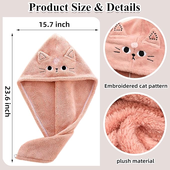 2Pack Microfiber Hair Towel Wrap for Kids, Cute Cat Absorbent Hair Drying Turbans Head Towels for Women Girls (Pink and Khaki Cat)
