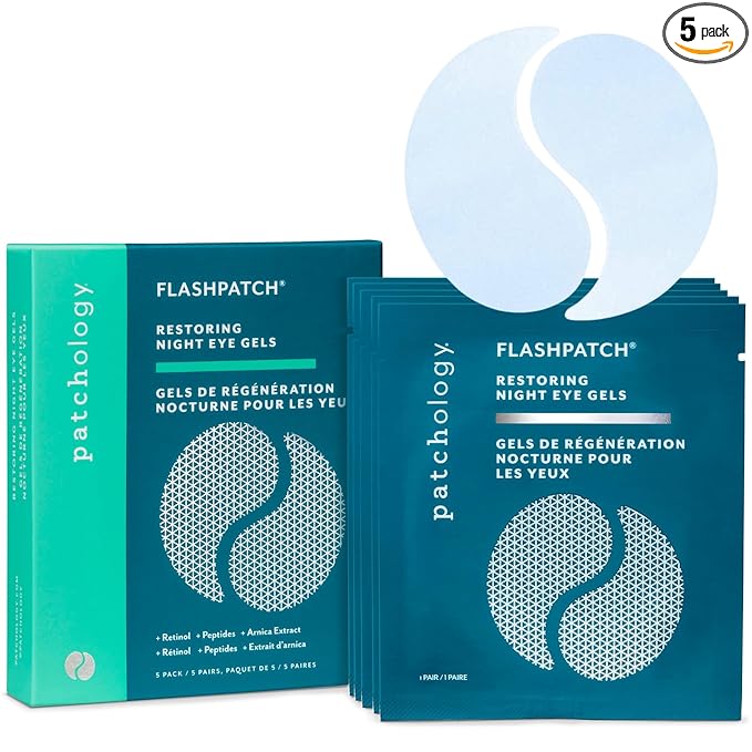 Patchology FlashPatch Restoring Night Eye Gel Patches with Retinol, Squalane & Peptides – Hydrogel Under Eye Masks for Fine Lines, Dark Circles & Puffiness – Overnight Eye Care (5 Pairs)