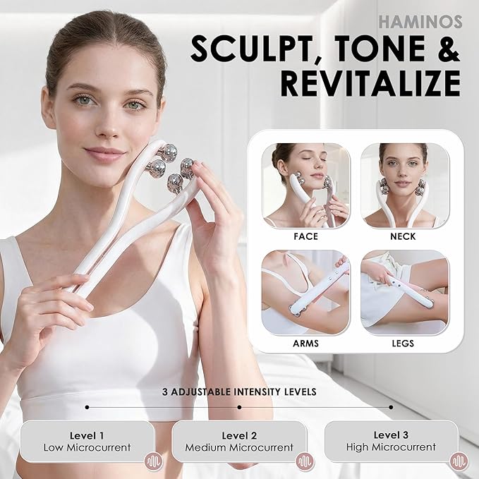 HAMINOS Microcurrent Facial Massager with 3D Roller, 3 Intensity Levels, Lifting & Toning Tool for Face, Leg, Arms & Neck, Gentle Contouring & Skincare Absorption