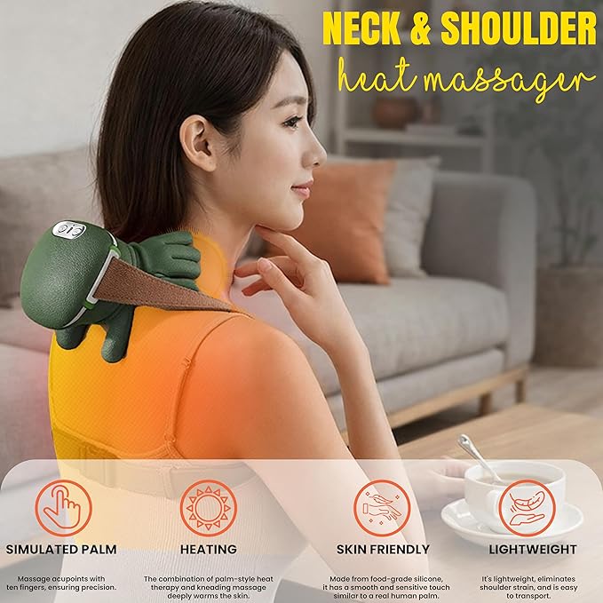 Shoulder and Neck Massager, Bionic Heated Massager, Shiatsu Neck Massager with Fingers, 4D Kneading Massage, Skin Friendly, Simulates a Real Palm Massage for Comfort, Relax Muscle, Pain Relief