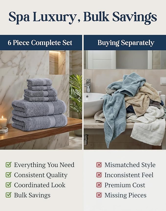 LANE LINEN 100% Cotton Towels Set for Bathroom - 6 Piece Family Pack - Soft, Absorbent & Quick Dry - 2 Bath, 2 Washcloths, 2 Hand Towels - OEKO TEX Certified, Machine Washable & Durable - Cool Grey