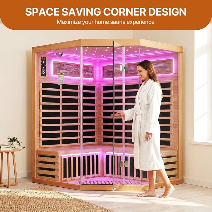 OUTEXER Sauna Corner Saunas for 4-5 Person 240V Home Indoor Canadian Hemlock Far Infrared Saunas 2595W Low-EMF Dry Saunas with 7 Color Starry Sky Ceiling Light Therapy 59 * 59 * 74.8inch