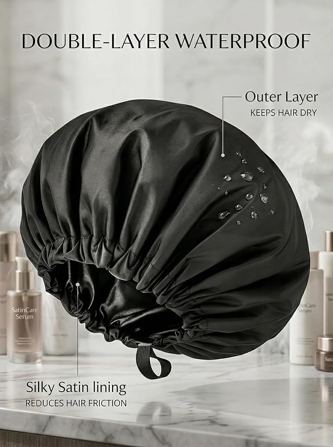 Aquior Shower Cap for Women, Extra Adjustable Shower Caps for Women Double-Layer Waterproof Reusable Hair Cap, Large Size Hair Cap for All Hair,for Girls Spa Bath,Soft and Comfortable (Back)