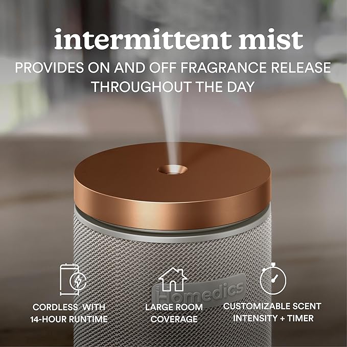 Homedics SereneScent Waterless Essential Oil Diffuser, Cordless Rechargeable Aromatherapy Diffuser for Home, Large Room Scent Machine, Timer, App Control, 6 LED Lights, No Water Needed, Grey