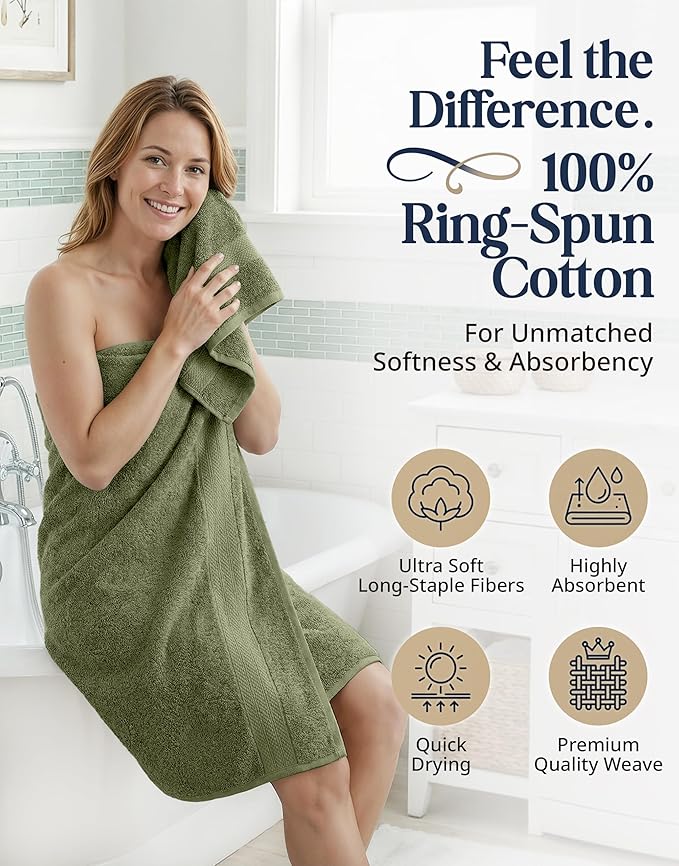 LANE LINEN Luxury Cotton Bath Towel Pack of 6 - Softer, Highly Absorbent & Durable - 2 Bath, 2 Wash cloths, 2 Hand Towels for Bathroom - Premium Look, Spa Quality, Solid Dyed Towels - Oil Green