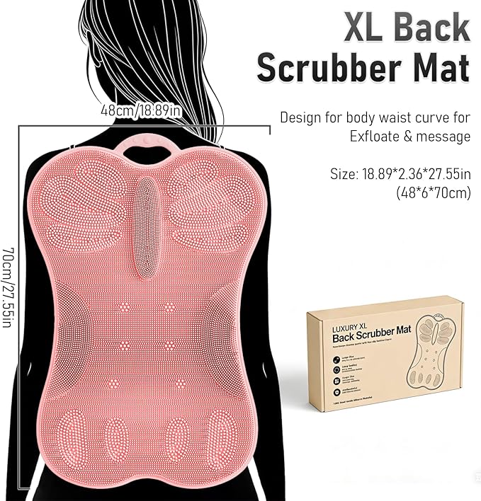Back Scrubber Body Bath Cushion for Tub Bathtub Back Lumbar Ergonomic Support, Silicone XL Large Thick Soft Seat Pad Non-Slip Suction Cups, Relaxing Spa Exfloating Scrubber Mat 28x19 Pink