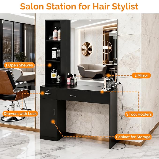 OmySalon Salon Station with Mirror, Locking Barber Station for Hair Stylist, Wall Mount Cabinet with Hair Dryer Holders & Open Shelves, for Barbershop Beauty Spa, Black