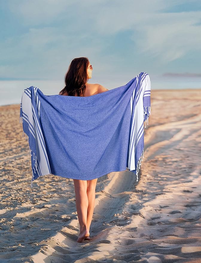 Goroly Home Cotton Turkish Peshtemal Beach Towel, Extra Large, Thin Quick Dry Sand Free Pool & Swim Towel, Bathing Blanket, Travel Essentials, (Royal Blue, 36x71 Inches)