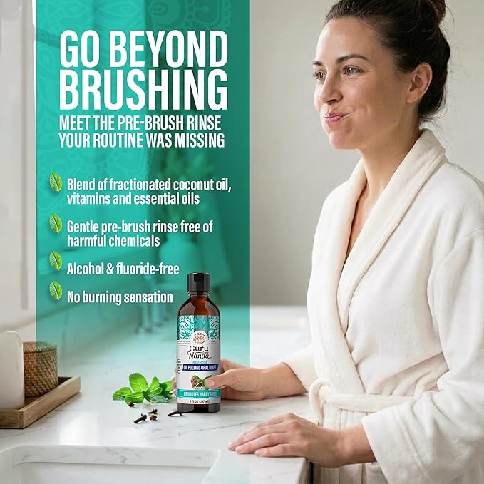 GuruNanda CocoMint Oil Pulling Mouthwash for Complete Oral Hygiene, 7 Essential Oils & Vitamins for Happy Teeth & Gums & Fresh Breath, with Toothbrush & Tongue Scraper, Alcohol-Free, 8 oz