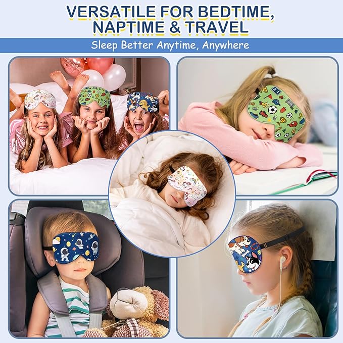 Kids Silk Sleep Mask: 100% Mulberry Silk Eye Mask with Adjustable Strap, Cute Sleeping Blindfold for Boys Girls Teens, Soft & Lightweight Eye Shade for Travel, Nap, Bedtime (Dogs Style)