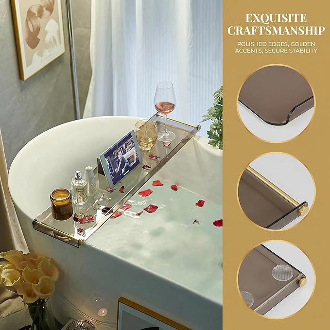 Bathtub Caddy Tray for Luxury Bathroom Bath tub Table Caddy Tray Shelf for Shower with Gold Handles fits All bathtubs