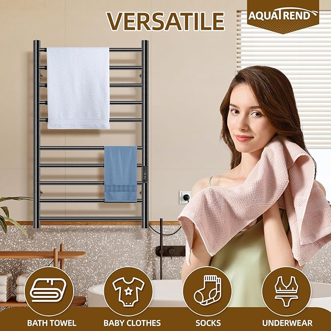 Towel Warmer Rack for Bathroom, Heated Towel Rack Wall Mounted, Stainless Steel, Warmers Rack for Bathroom, Fast Heating, Smart Timing & Temperature Control, Plug-in, Black