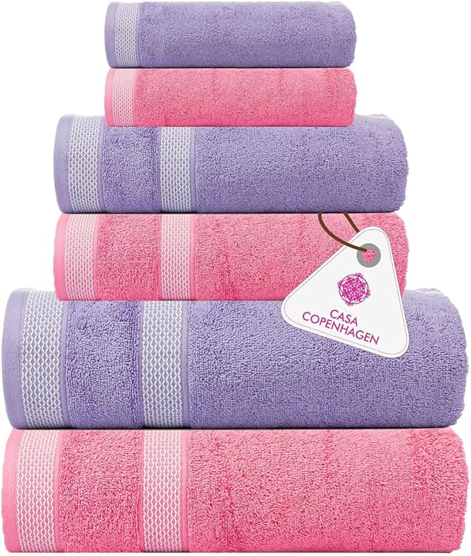 CASA COPENHAGEN Solitaire 6Pcs 100% Egyptian Cotton Large Designer Towels Gift Set- Purple Rose - Pink, 600GSM, 2Bath 2Hand 2Washcloths, Bath Towels for Bathroom Set for Women & Men
