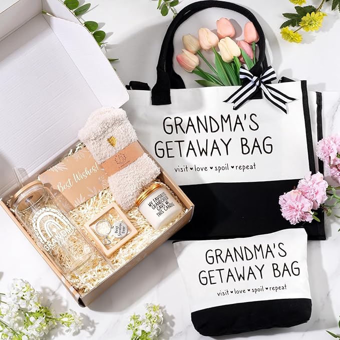 iAOVUEBY Grandma Gifts - Birthday Mothers Day Gifts for Grandma, Canvas Tote Bag Makeup Bag Tumbler Gift Set from Granddaughter Grandson Grandchildren, Thanksgiving Ideas Gift for Grandmother