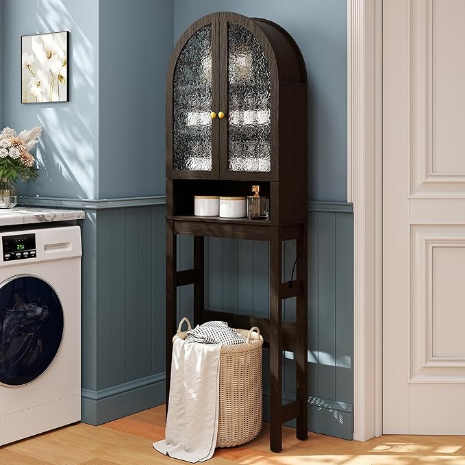 HMstone Over The Toilet Storage Cabinet, Arched Bathroom Organizer and Storage with Acrylic Doors and Adjustable Shelf, Space Saver Freestanding Bathroom Modern Storage Cabinet Over Toilet Dark Brown