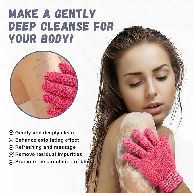 Exfoliating Dual Texture Bath Gloves for Shower Spa Massage and Body Scrubs, Dead Skin Cell Remover, body scrubber with Hanging Loop