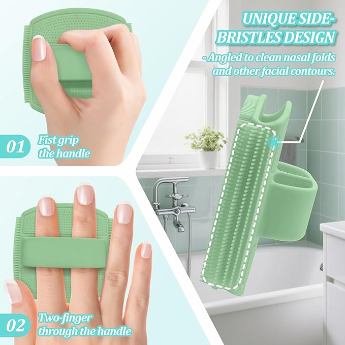 Silicone Back & Face Scrubber & Bath Glove Set 3PCS, 13.4'' Gentle Back Scrubber with Dual-Side Head, 360° Anti-Slip Bath Glove, Unique Side-bristled Face Scrubber for All-round Cleaning(Green)