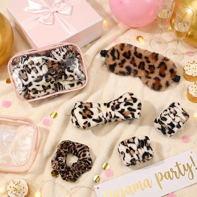 Hoteam 10 Pcs Spa Party Supplies Gift for Mother's Day Sleepover Party Favor Spa Headband Wristband Sleep Eye Mask Velvet Scrunchies for Skin Care Makeup Slumber Night Favor(Leopard Print)