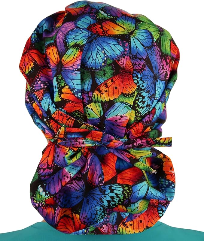Sparkling EARTH Banded Bouffant Surgical Scrub Ponytail Working Caps and Built-in Sweatband - 100% Cotton - Made in The USA