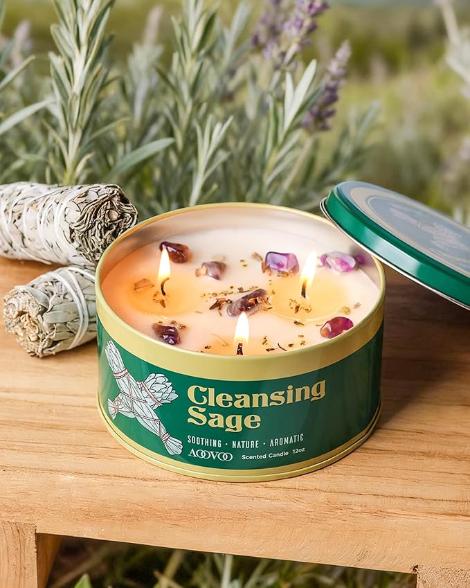AOOVOO Sage Candle for Cleansing - 3 Wick 12oz Large Scented Candle with Crystals & Sage Leaves Inside, Soy Candles Non Toxic for Spiritual Gift, Aromatherapy Candle for Women Men Mother‘s Day