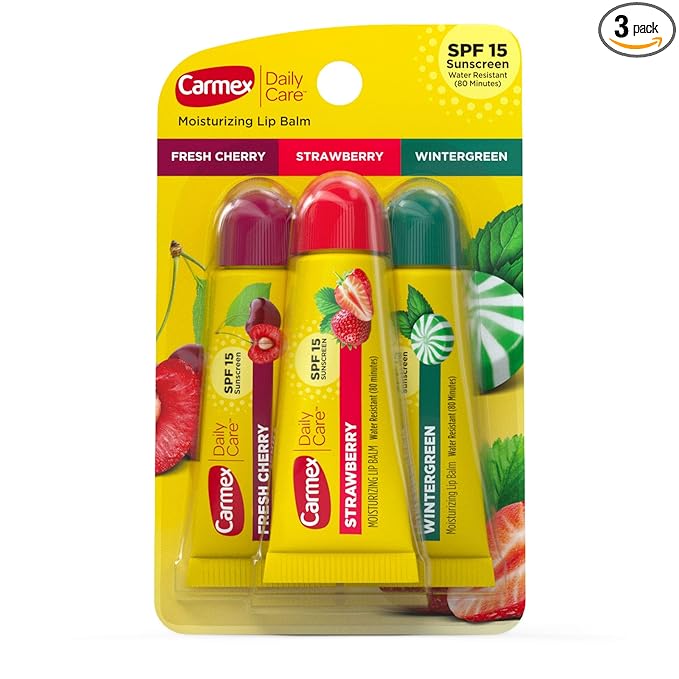 Carmex Daily Care Moisturizing Lip Balm Pack, Lip Balm With Sunscreen in Fresh Cherry, Strawberry and Wintergreen -0.35 Ounce (Pack of 3)