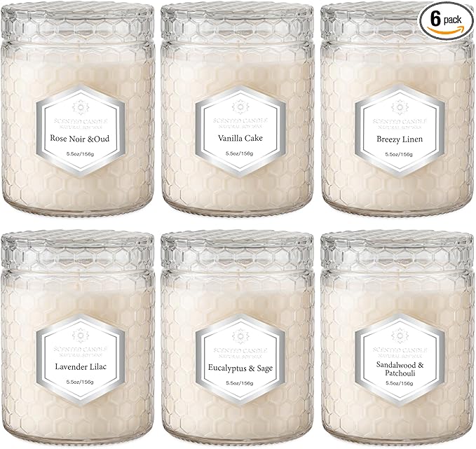 6 Pack Scented Candles for Home, Aromatherapy Gift Set for Women, Natural Soy Wax Jar, 33 oz 240 Hour Long Lasting, Birthday and Valentine's Day Gift, Flax Gray