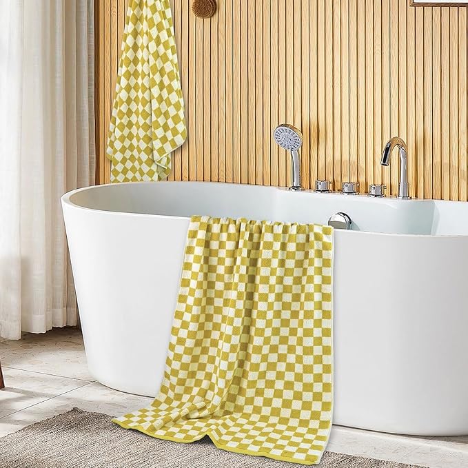 Jacquotha Luxury Bath Towels - Pack of 2 Cotton Fall Bathroom Towels Sets for Body Drying 55x27.5 Inches, Mustard Yellow Checkered