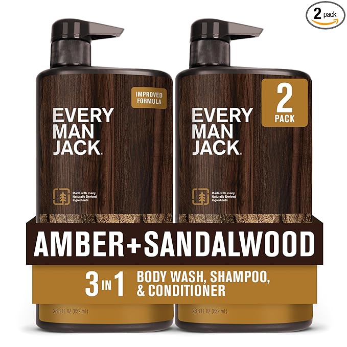 Every Man Jack Amber + Sandalwood Hydrating Mens 3-in-1 All Over Wash for All Skin and Hair Types - Body Wash, Shampoo and Conditioner with Naturally Derived Ingredients - 28.8oz (2 Pack)