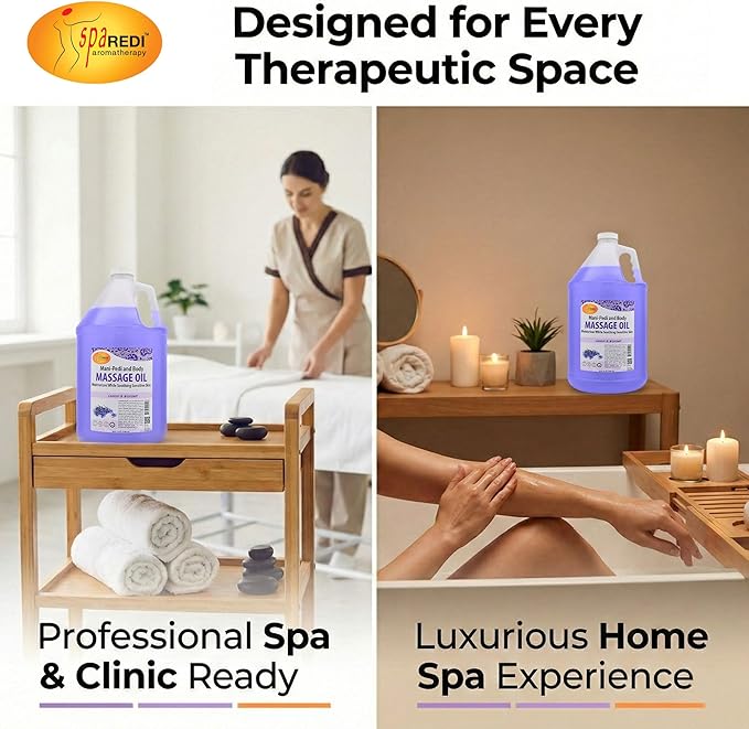 SPA REDI - Massage Oil, Lavender Wildflower, 128 Oz Professional Pedicure, Manicure, Full Body Massage Therapy, with Almond Oil, Cotton Seed Oil, Sunflower Oil, Avocado Oil, Essential Oils, Vitamin E
