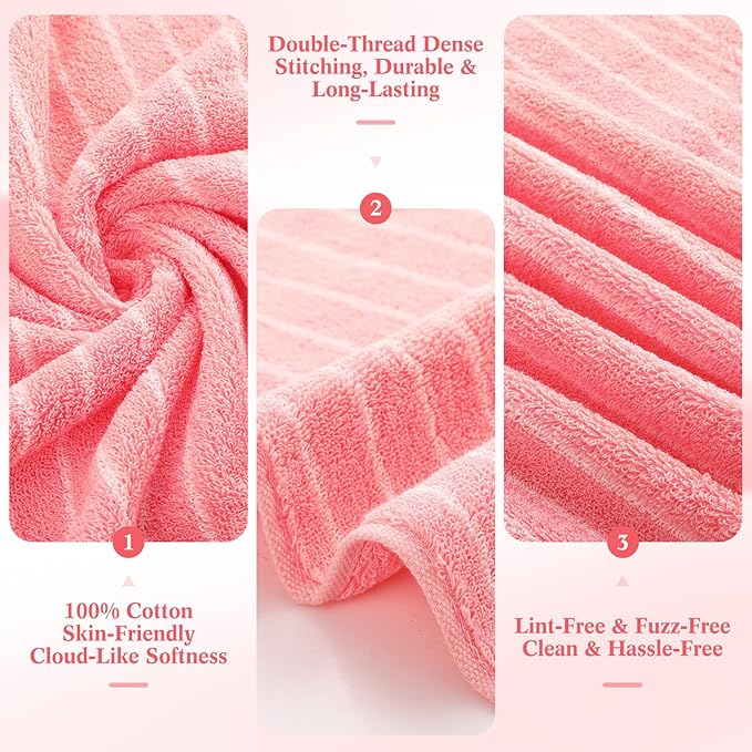 6 Pcs Large Bath Towels Set 28x55 Inch Soft Cotton Towels for Bathroom Pink Green Striped Towel Set Highly Absorbent & Quick Dry Towel for Spa Gym | 2 Bath, 2 Hand, 2 Washcloth(Pink Green)