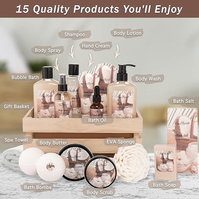 Aqua Elegante Full Spa Gift Set - 15 Piece Premium Bath Basket with Wash, Bubbles, Lotion, Salts, Body Scrub, Towel, Shower Puff, Bathbombs, Reusable Basket, Gifts for Women - Coconut & Vanilla