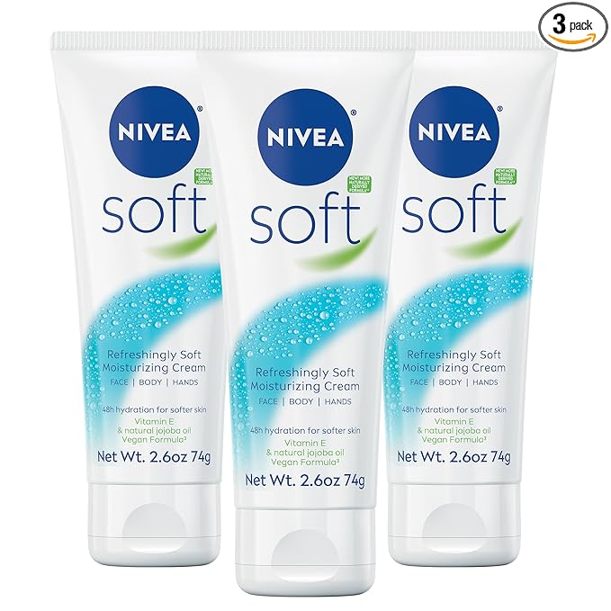 NIVEA Soft Refreshingly Soft Moisturizing Cream, Lightweight Moisturizer for Face, Body and Hands, Body Cream Enriched with Jojoba Oil and Vitamin E, 2.6 Oz Tube, Pack of 3