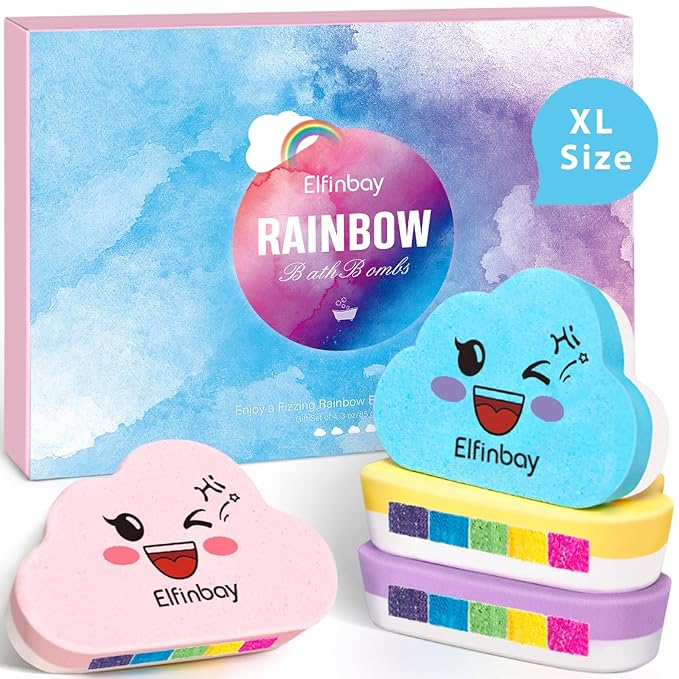 Rainbow Bath Bombs for Kids, 4 XL Kid Bath Bombs with Surprise Colors Inside, Organic Bathbombs for Women, Stocking Stuffers for Kids Christmas Gifts for Girls Boys