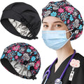 2 Pack Satin Lined Bouffant Scrub Caps with Buttons, Adjustable Scrub Caps for Women Men