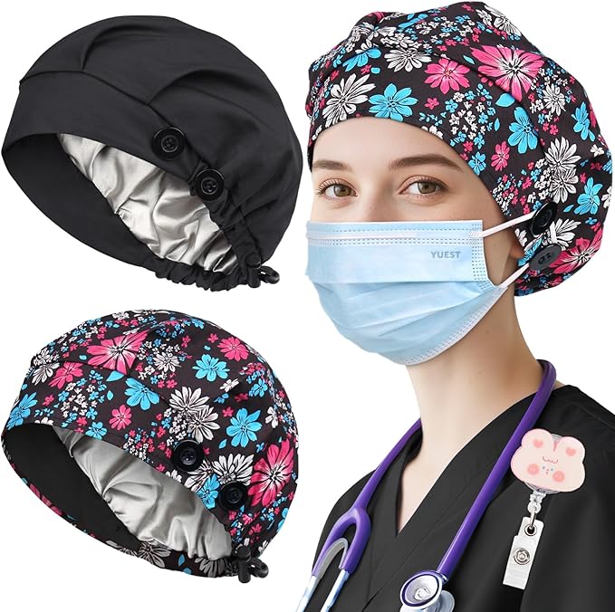 2 Pack Satin Lined Bouffant Scrub Caps with Buttons, Adjustable Scrub Caps for Women Men