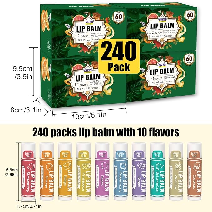 AZEN 240 Pack Lip Balm, Natural Lip Balm Bulk, Lip Care Product, Moisturizing Lip Balms for dry cracked lips, Mothers Day Gifts Easter Basket Stuffers - 10 Flavors