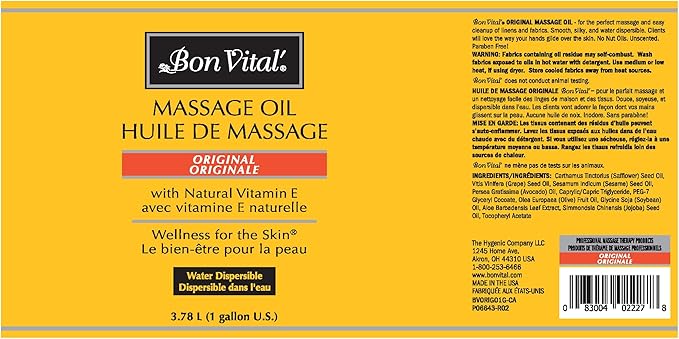 Bon Vital' Original Massage Oil, 1 Gallon Unscented Professional Massage Oil with Natural Oils & Vitamins, Water-Dispersible, No Nut Oils, Smooth Glide for All Massage Modalities