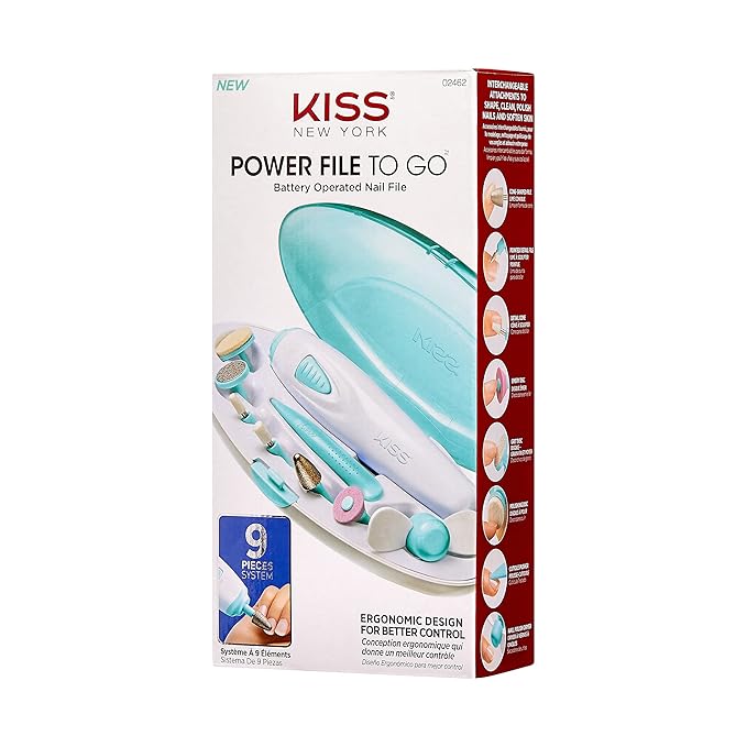 KISS Power File to Go Battery Powered Mani/Pedi Tool Professional Nail Care with 8 Attachments & Storage Case, Shape, Clean, and Polish Nails (Pack of 2)