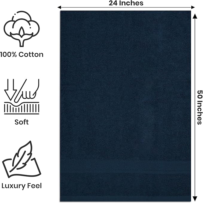 Large Bath Towels Pack of 6 – 24" x 50", 100% Cotton Terry – Soft, Quick-Dry & Highly Absorbent – Multi Assorted Towels for Bathroom, Spa, Shower, Pool & Daily Use