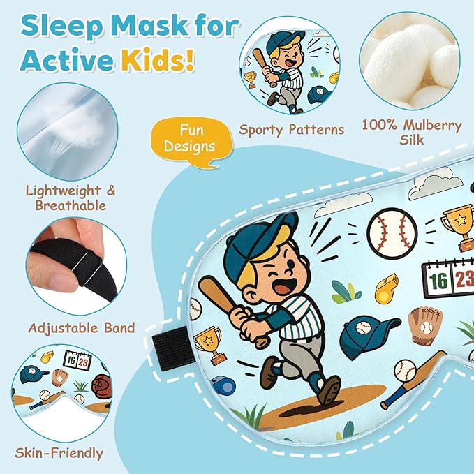Kids Silk Sleep Mask – 100% Mulberry Silk Eye Cover, Kid Eye Mask with Adjustable Strap, Soft & Breathable Blackout Sleeping Mask for Boys and Girls Ages 5-15 (Baseball Style)