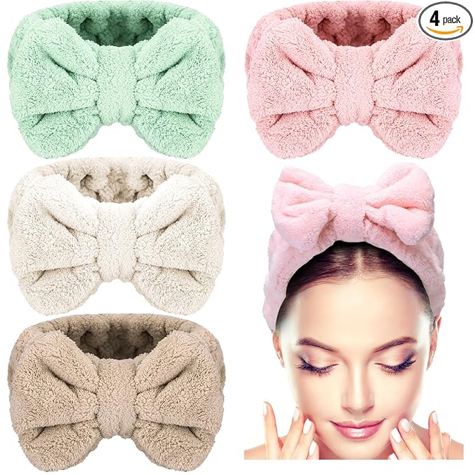4 Pack Makeup Spa Headband Microfiber Bow Towel Soft Fluffy Washing Face Headband for Women Girls Shower Bath Skincare (Light Pink, White, Green, Brown)