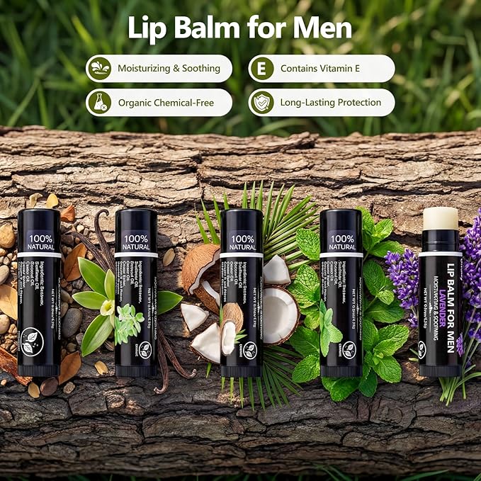 10 Pack Lip Balm for Men,Hydrating Natural Chapstick Bulk Vitamin E and Beeswax - 5 Flavors Chapstick for Men Gift,Peppermint,Coconut,Vanilla,Lavender & Unscent