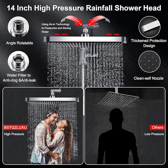 Tandem Shower Head with Filters-14'' Rainfall ShowerHead,Filtered Power Wash Handheld for Hard Water,High Pressure Output, Reduces Dry Itchy Skin, Improves Condition of Your Body, Hair