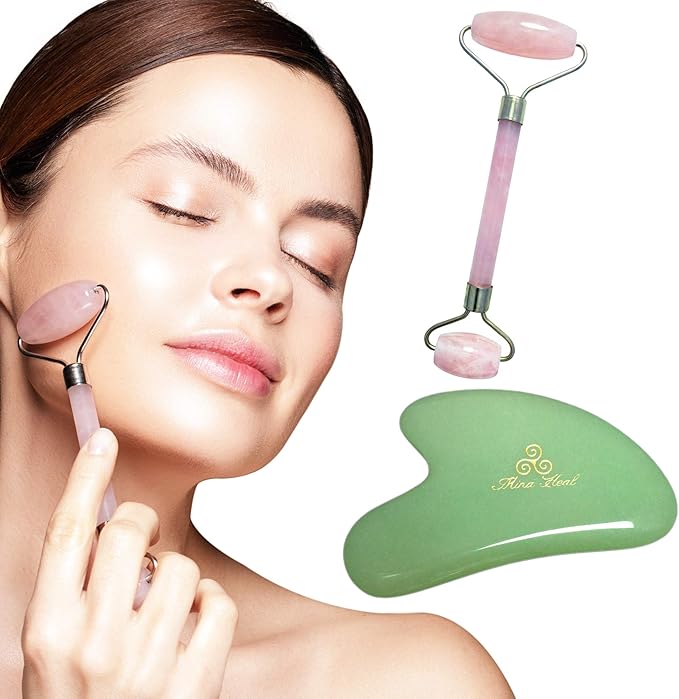 Mina Heal Jade Roller for Face, Lymphatic Drainage Massager & Gua Sha Facial Tool, Face Roller Skin Care Lymphatic Drainage Facial Massager
