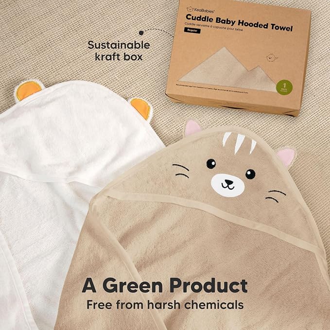 KeaBabies Hooded Baby Towel for Newborn - Viscose Derived from Bamboo Large Baby Bath Towels with Hood for Boys, Girls, Toddler, Extra Absorbent & Soft Newborn Bath Essentials (Cat, Regular)