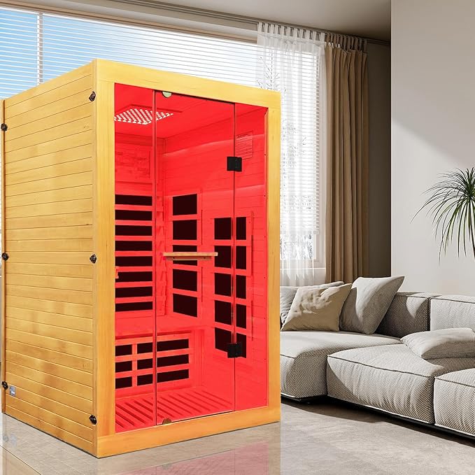 OUTEXER Infrared Sauna 2000W Wooden Saunas Home Spa Room Canadian Hemlock Wood Low-EMF Indoor Saunas with with Red Light Beauty Lamp for Two Person 74.8 * 47.2 * 41.3Inch