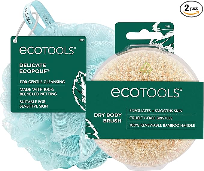 EcoTools Dry Body Brush for Circulation, Dead Skin Removal + Blue Delicate EcoPouf Made with Recycled Netting for Cleansing & Exfoliating Sensitive Skin, Self-Care Gifts